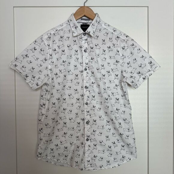 Denim & Flower Shirt Mens Sz M Ricky Singh Slim Fit White Pug Dog Graphic Print - Picture 1 of 11